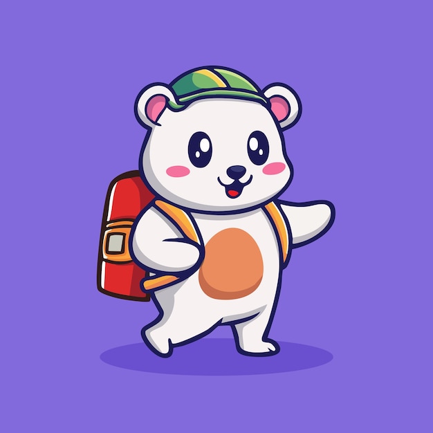 Lindo estudiante oso polar con mochila listo para la escuela
