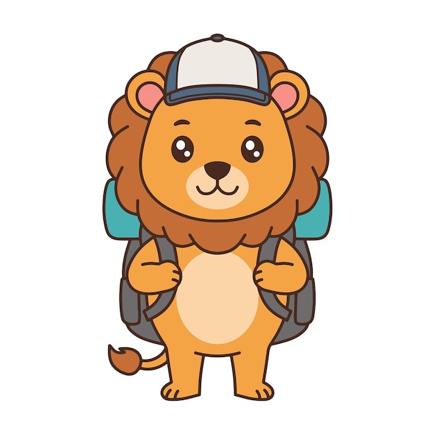 El lindo explorador león con mochila y gorra