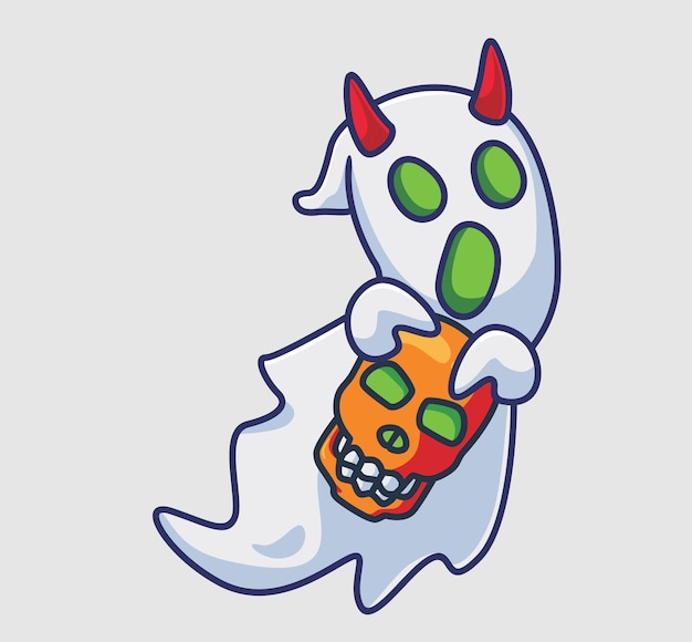 Vector lindo fantasma con cuernos trae un cráneo ilustración de halloween de dibujos animados aislados estilo plano