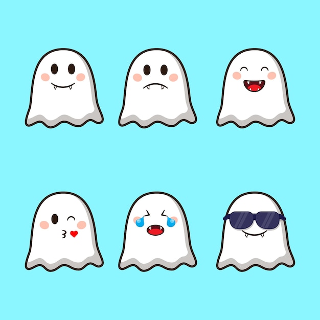 Lindo fantasma emoticon halloween dibujos animados vector ilustración