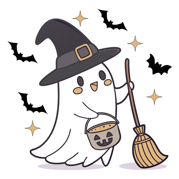 El lindo fantasma de Halloween en disfraz de bruja con un cubo de calabaza