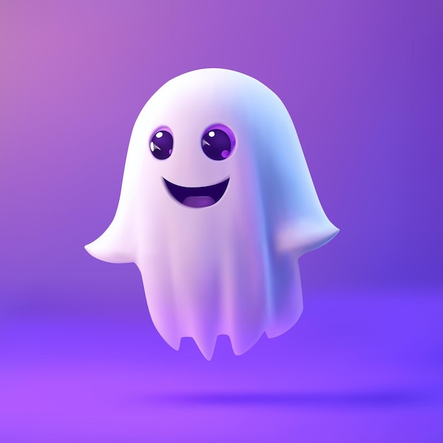 Lindo fantasma de Halloween sonriendo sobre un fondo púrpura Vector 3D ilustración