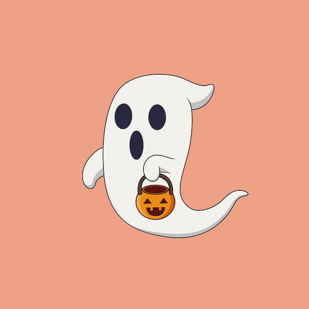 Lindo fantasma de halloween con vector de dibujos animados de cubo de calabaza