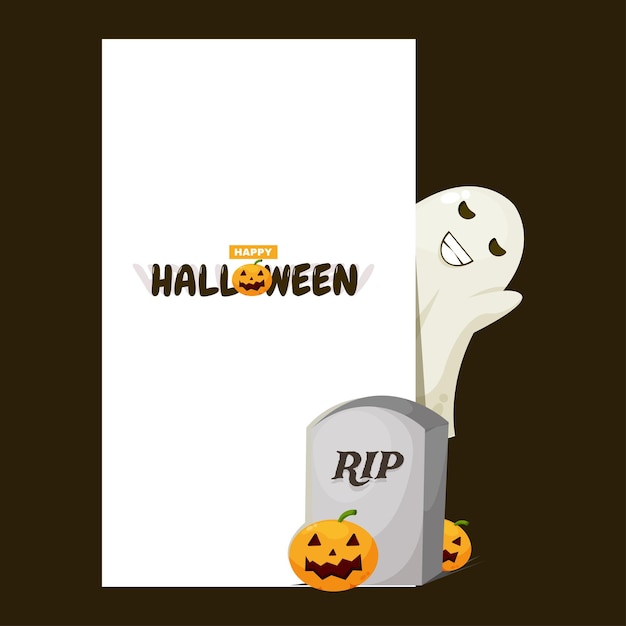 Vector lindo fantasma y lápida con ilustración de feliz halloween