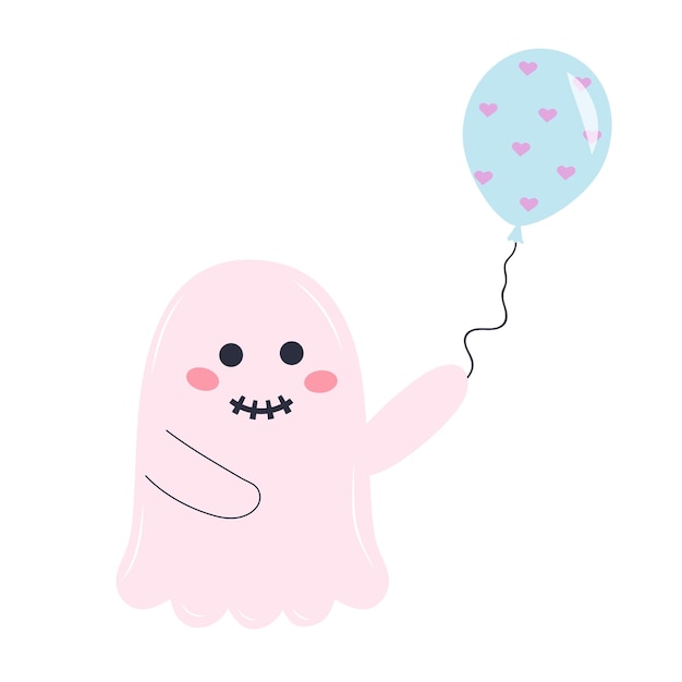 Lindo fantasma rosa con globo personaje de halloween aislado sobre fondo blanco