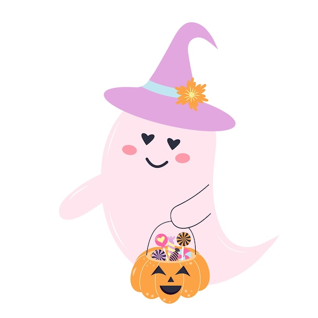 Lindo fantasma rosa en un sombrero con canasta de calabaza llena de dulces Personaje de Halloween aislado en blanco