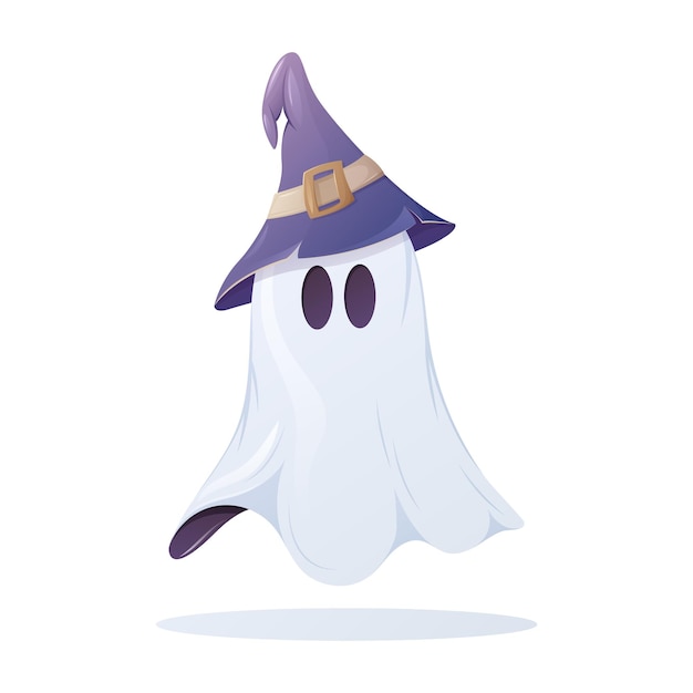 Un lindo fantasma con un sombrero púrpura de hechicería. Ilustración vectorial de dibujos animados para Halloween.