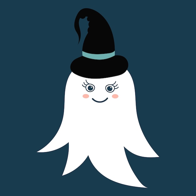 Lindo fantasma con sombrero en vector de estilo plano