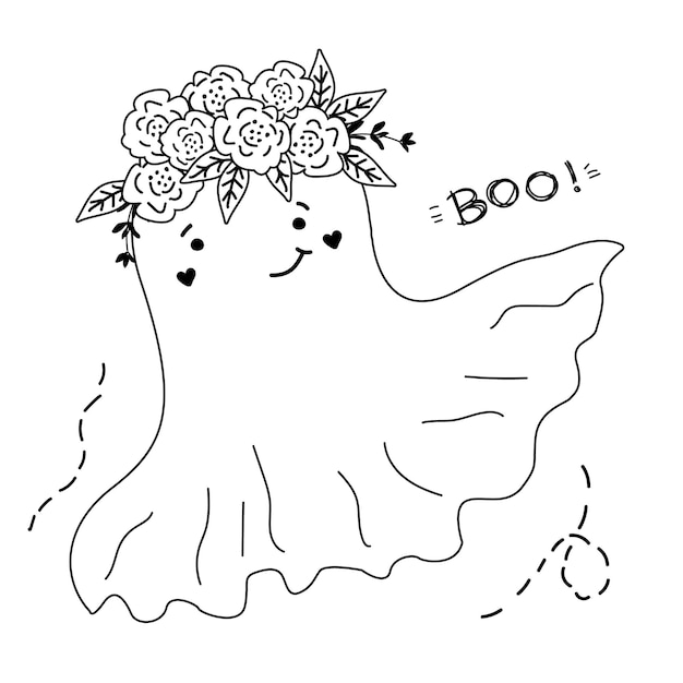 Vector lindo fantasma sonriente en una corona de flores letras quotbooquot halloween