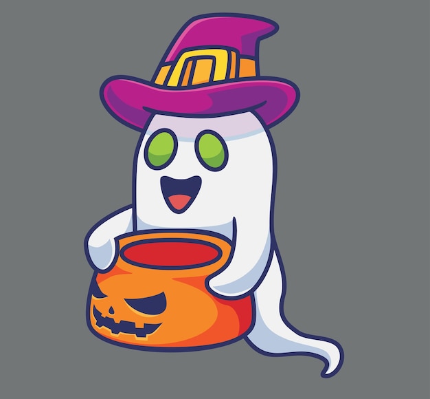 Vector lindo fantasma trae un cuenco de calabaza ilustración de tecnología animal de dibujos animados aislado estilo plano