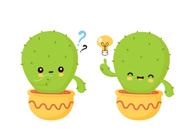 Lindo feliz cactus sonriente en maceta con bombilla y signo de interrogación. ilustración de dibujos animados plana. aislado sobre fondo blanco cactus tiene el concepto de idea