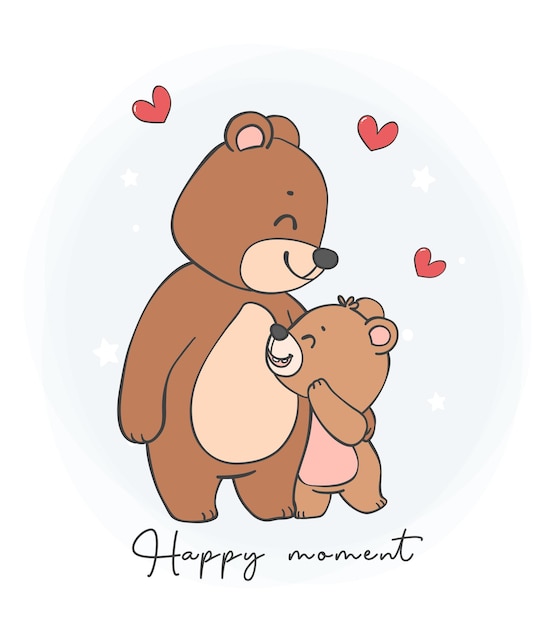 Lindo feliz día del padre oso de peluche papá abraza bebé personaje de dibujos animados mano dibujo doodle contorno