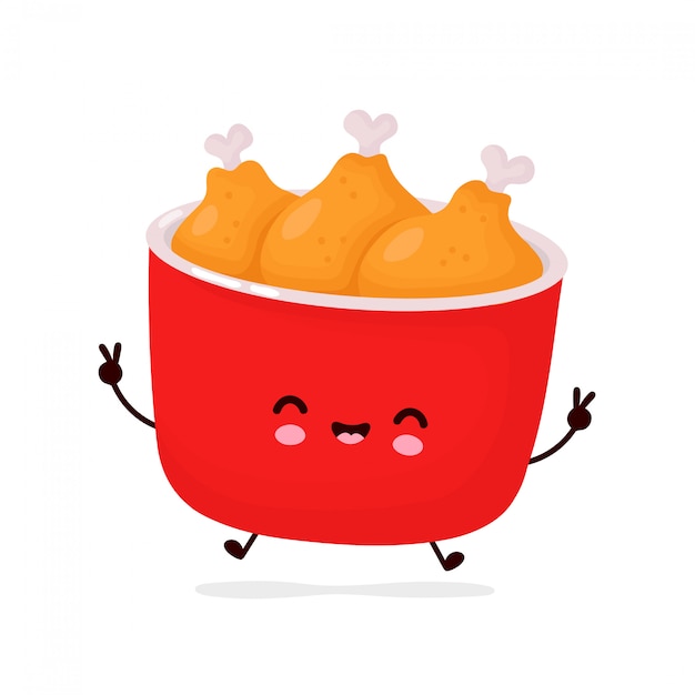 Vector lindo feliz divertido cubo de pollo frito. diseño de icono de ilustración de personaje de dibujos animados.