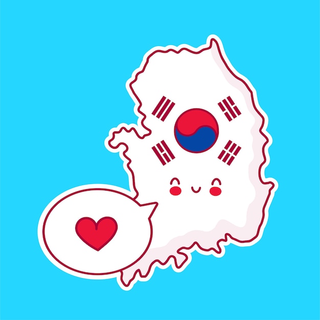 Lindo feliz divertido mapa de corea del sur y carácter de bandera con corazón en bocadillo