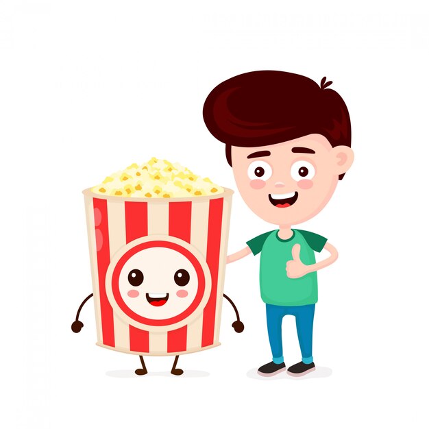 Lindo feliz divertido sonriente joven y cubo de palomitas de maíz. chico muestra el pulgar hacia arriba. icono de personaje de dibujos animados plana. aislado en blanco pop corn, amigos, menú de comida rápida cafetería para niños