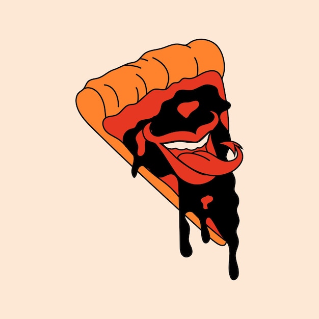 Lindo, feliz y gracioso trozo de pizza con la boca de un diablo, personaje de la mascota de dibujos animados.