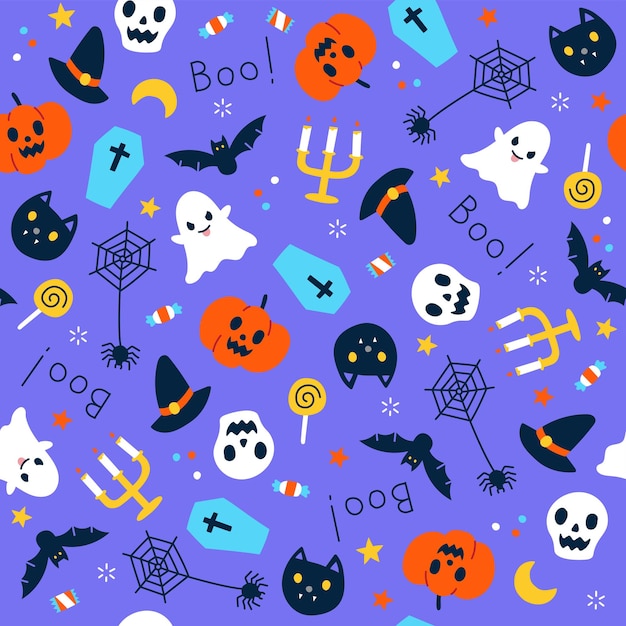 Lindo Feliz Halloween dibujos animados de patrones sin fisuras vector fondo violeta fantasma calavera calabaza jack o linterna murciélago gato negro telaraña candelabro piruleta caramelo ataúd bruja sombrero boo luna