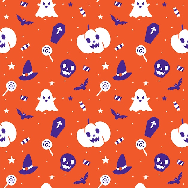 Lindo Feliz Halloween dibujos animados de patrones sin fisuras vector naranja violeta fondo fantasma cráneo calabaza jack o linterna murciélago gato negro telaraña candelabro piruleta caramelo ataúd bruja sombrero boo