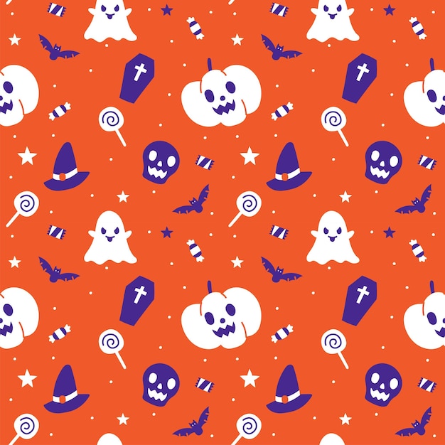 Lindo Feliz Halloween dibujos animados de patrones sin fisuras vector naranja violeta fondo fantasma cráneo calabaza jack o linterna murciélago gato negro telaraña candelabro piruleta caramelo ataúd bruja sombrero boo