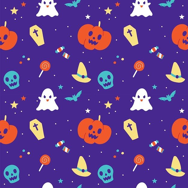 Lindo Feliz Halloween patrón de dibujos animados fondo violeta fantasma calavera murciélago piruleta ataúd bruja sombrero