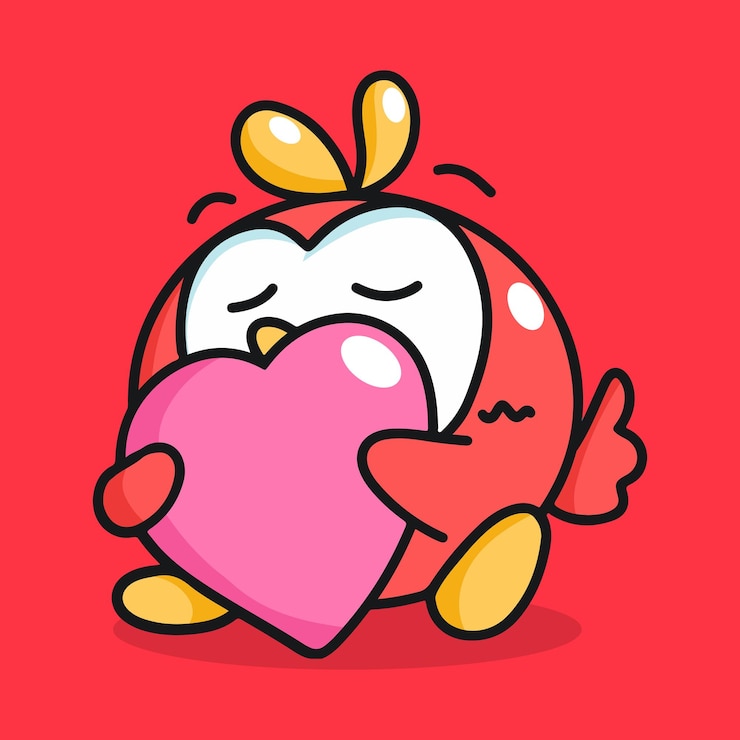 Vector lindo, feliz, pájaro, abrazar, corazón, caricatura, mascota, etiqueta, ilustración