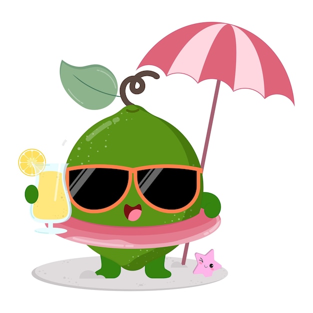 El lindo y feliz personaje de dibujos animados de frutas de lima disfrutando de la playa mientras bebe jugo fresco