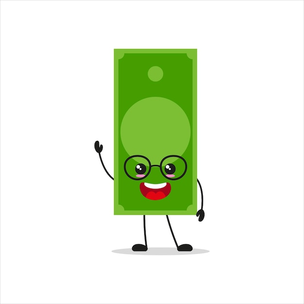 Lindo y feliz personaje de papel moneda Sonriendo y saludando dinero emoticon de dibujos animados en estilo plano