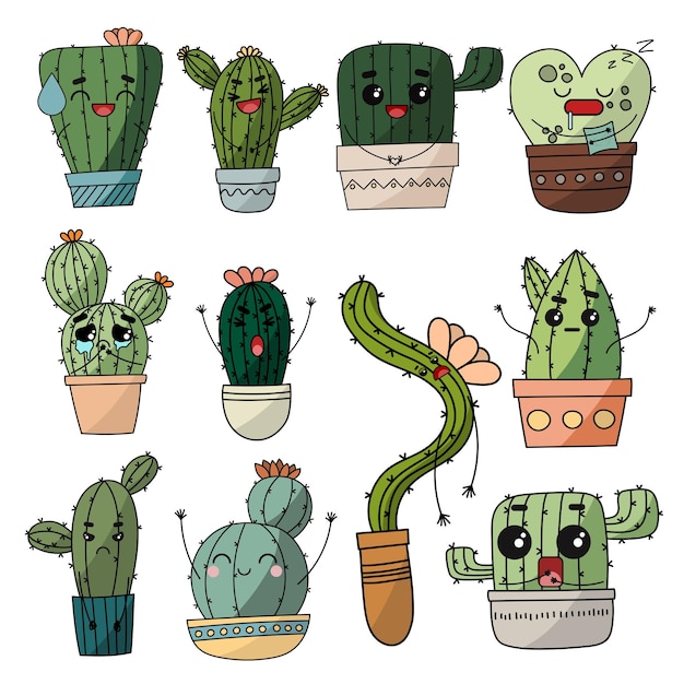 Vector lindo feliz sonriente cactus emociones set colección