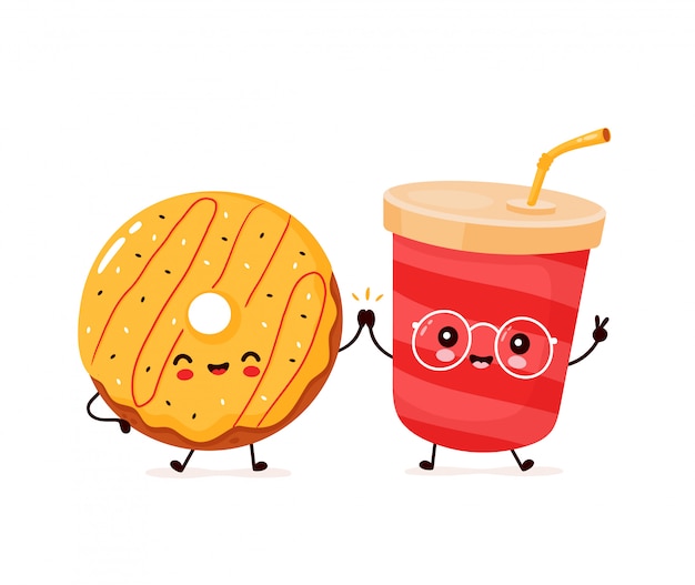 Lindo feliz sonriente donut y agua de soda. Diseño de ilustración de personaje de dibujos animados plano. Aislado sobre fondo blanco. Donut, refrescos, concepto de menú de comida rápida