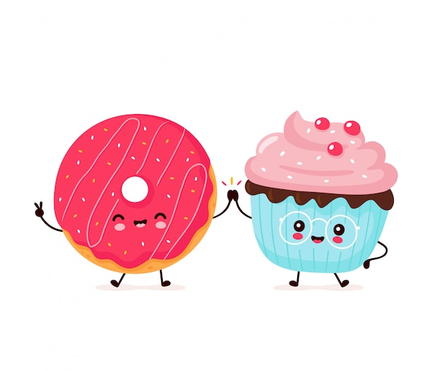 Lindo feliz sonriente donut y cupcake. diseño de ilustración de personaje de dibujos animados plano. aislado sobre fondo blanco. donut, cupcake, concepto de menú de panadería