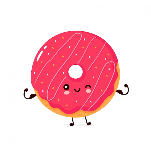 Lindo feliz sonriente donut mostrar músculo. Personaje animado.