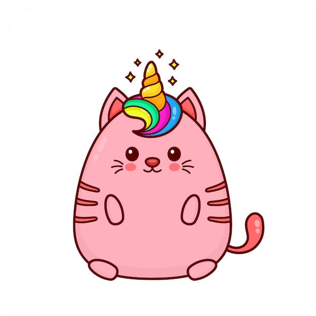 Lindo feliz sonriente gato unicornio con pelo de arco iris y cuerno.