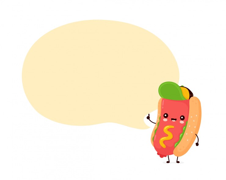 Vector lindo feliz sonriente hot dog con bocadillo.