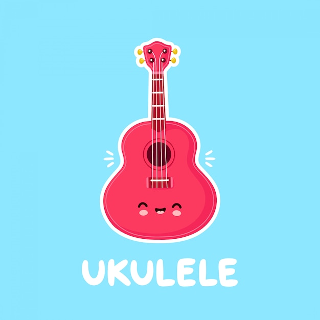 Lindo feliz sonriente ukelele guitarra. diseño de ilustración de personaje de dibujos animados plano. aislado sobre fondo blanco. guitarra ukelele, concepto de mascota de logo musical