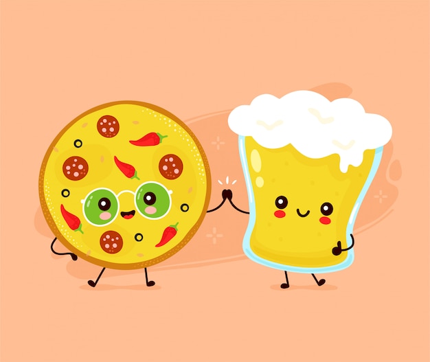 Lindo feliz sonriente vaso de cerveza y pizza.