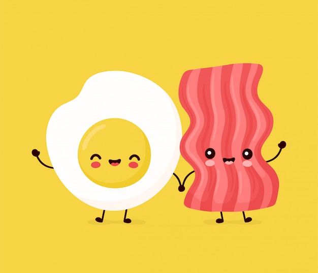 Lindo feliz tocino divertido y huevo frito. Diseño de icono de ilustración de personaje de dibujos animados