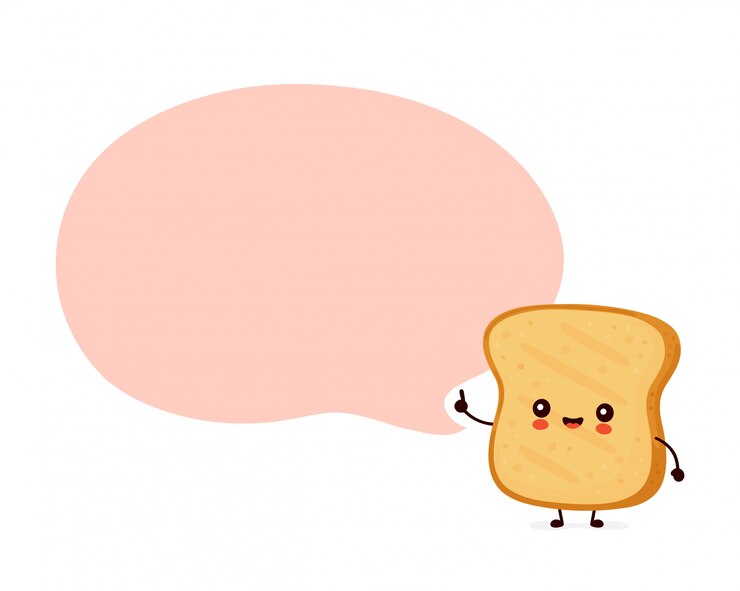 Vector lindo feliz tostadas divertidas con burbujas de discurso. diseño de icono de ilustración de personaje de dibujos animados. aislado en el fondo blanco