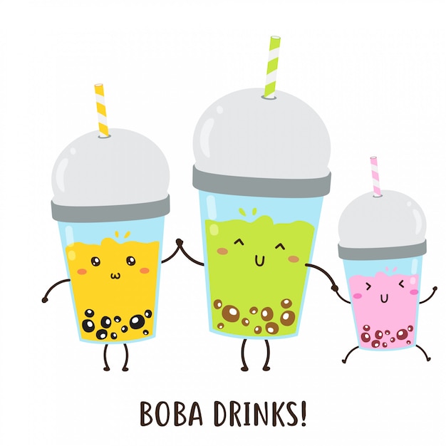 Lindo feliz varias bebidas boba diseño vectorial