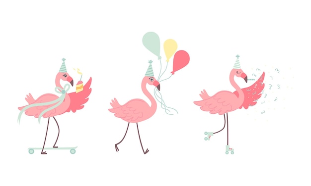 Lindo flamenco rosa con sombrero de fiesta de cumpleaños llevando un montón de globos y patinando con un juego de vectores de pasteles