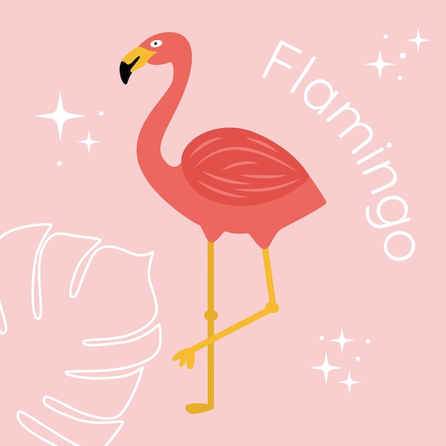 Vector lindo flamenco rosado con hoja de palma en el fondo. ilustración plana vectorial.