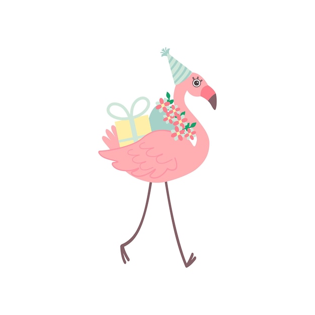 Lindo flamenco con sombrero de fiesta caminando con un ramo de flores y una caja de regalos hermosa ilustración vectorial de personajes de aves exóticas con fondo blanco