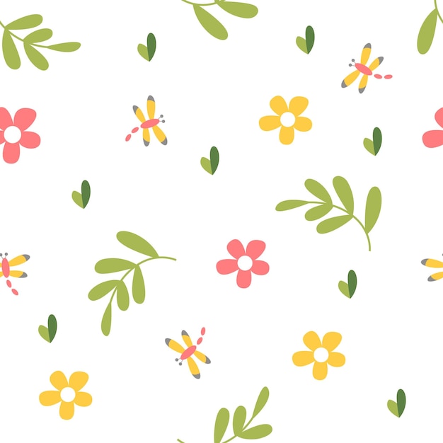 Lindo fondo con flores hojas y libélulas vector patrón sin costuras