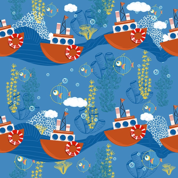 lindo fondo infantil sin costuras con barcos Estilo de dibujo infantil Patrón de vida marina color azul