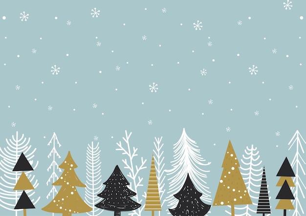 Vector lindo fondo de invierno de navidad en estilo de dibujos animados dibujados a mano.