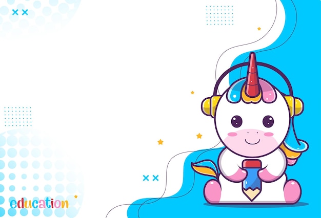 Lindo fondo de lindo personaje de unicorniounicornio sosteniendo lápiz y auriculares