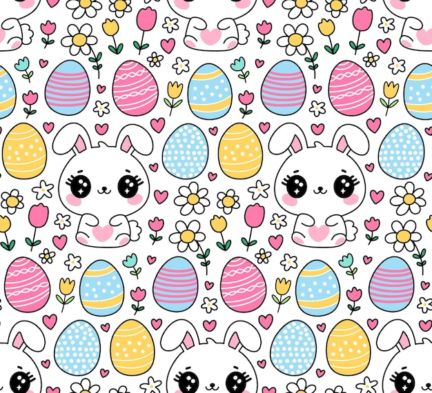 Lindo fondo de Pascua sin costuras con adorables huevos de color de conejo Kawaii