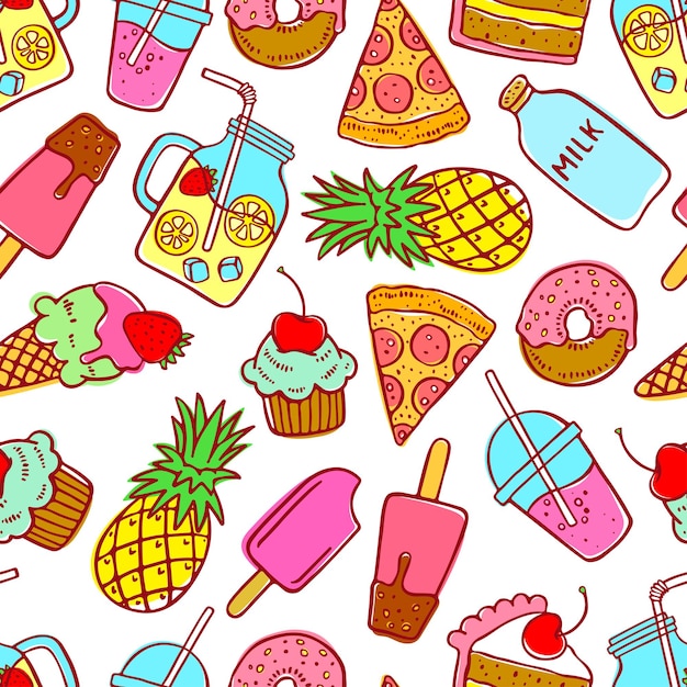 Lindo fondo transparente de comida colorida doodle. ilustración dibujada a mano