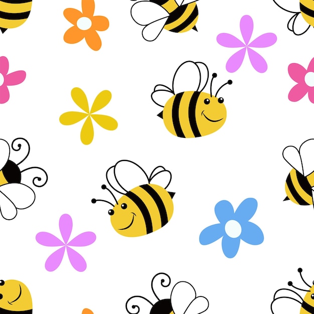 Lindo fondo transparente con flores y abejas de dibujos animados