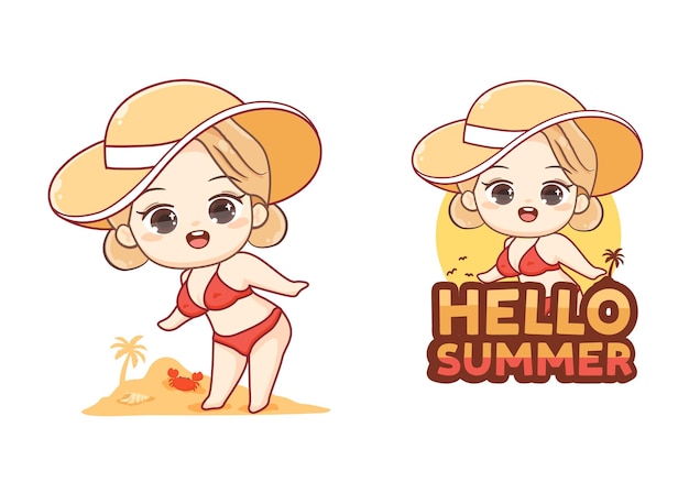 Lindo fondo de verano Hola con ilustración de dibujos animados de bikini de chica kawaii