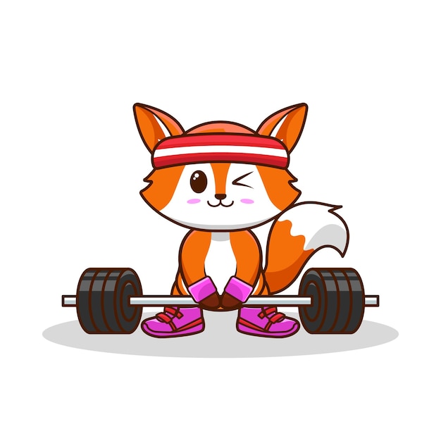 Vector lindo fox levantando barbell vector ilustración plana mascota de dibujos animados fox gym entrenamiento estilo de dibujos animados